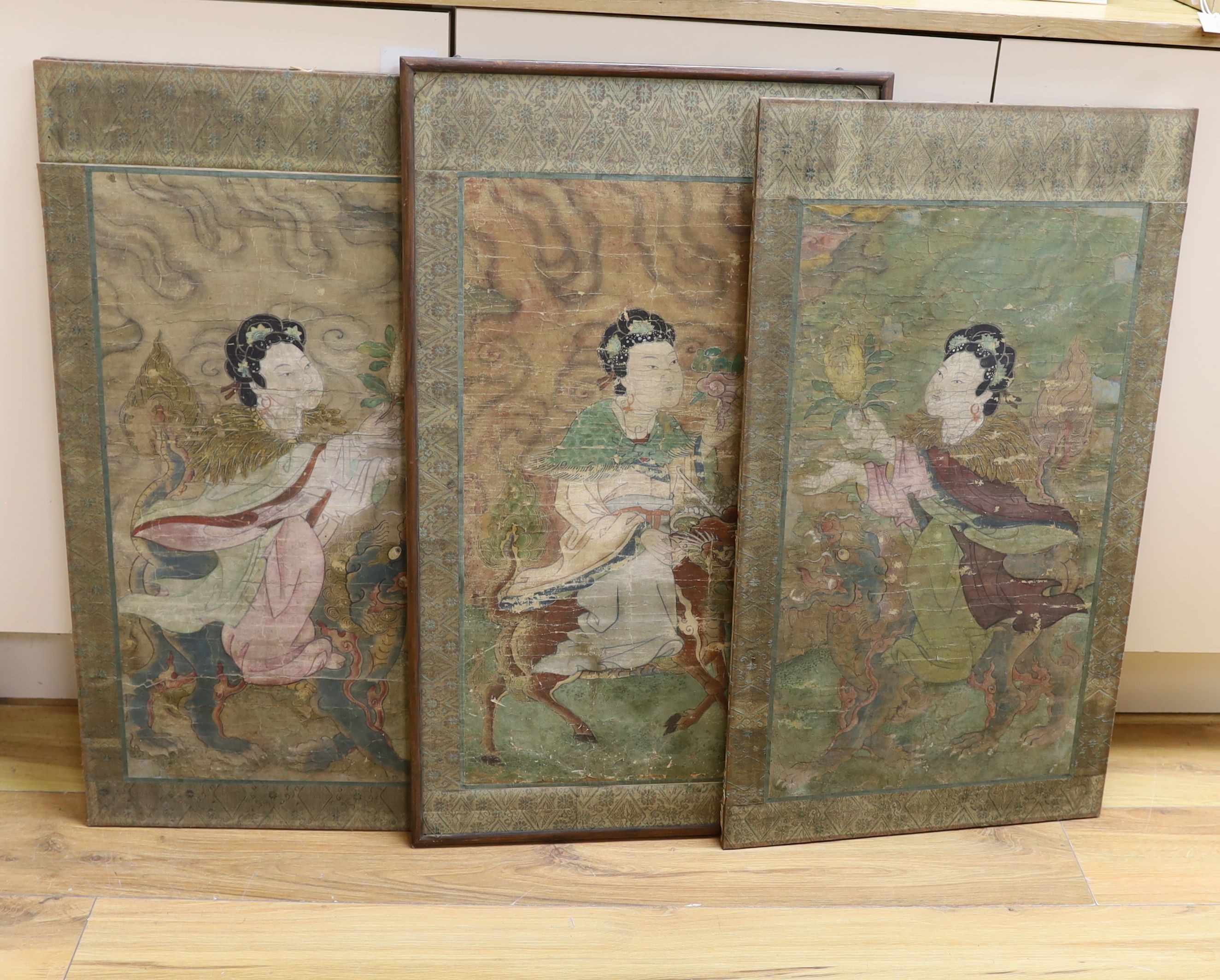Four paintings in the Ming style with mythical beasts, 43cms x 76cms high.